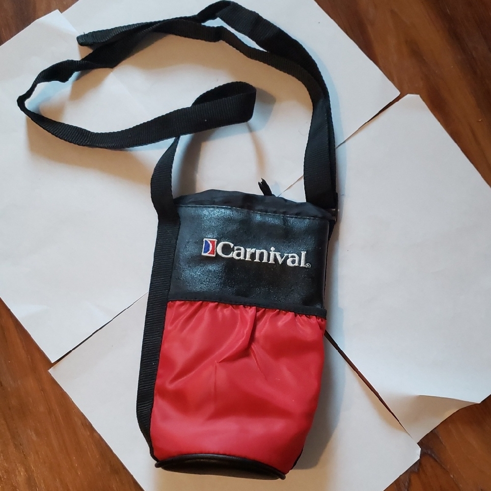 Carnival Cruise Leather Red Black Beverage Cooler Drawstring Shoulder Strap